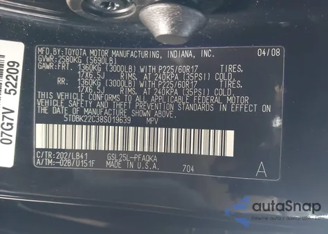 2008 Toyota Sienna Limited z USA, uszkodzony, nr VIN 5TDBK22C38S019639